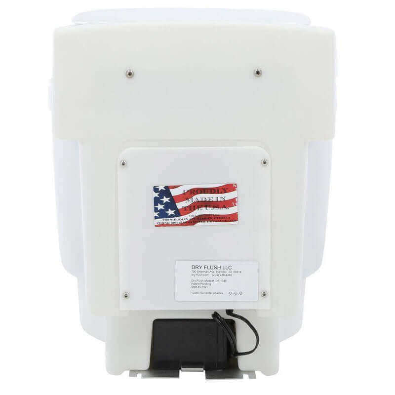 Back view of Laveo Dry Flush Portable Toilet Bundle from Cabin Depot, showcasing the compact, battery-powered design for RVs and camping.