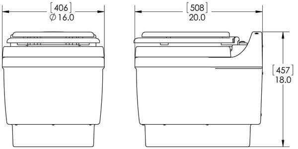 Technical diagram of the Laveo Dry Flush Portable Toilet dimensions for Cabin Depot customers, showcasing a compact self-contained design.